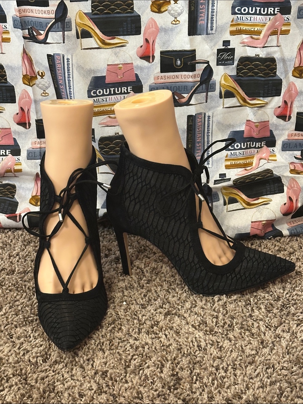 Gianni Bini Black Lace-Up Pointed Toe Stiletto Heels
